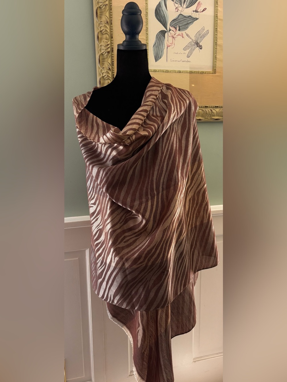 Brown and Cream Zebra-Print silk blend scarf new!
